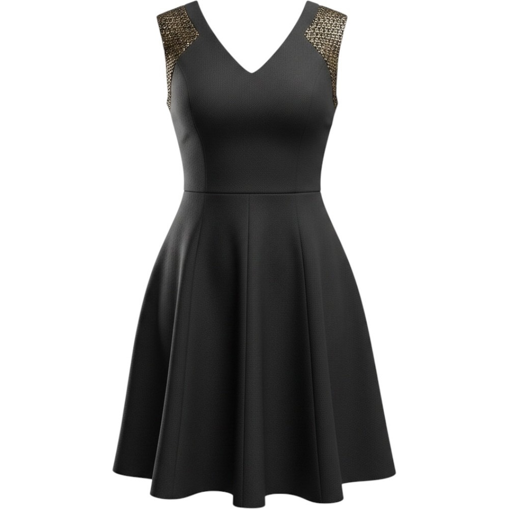 Danny and Nicole Black Textured Fit and Flare Dress Gold Shoulder Detail Size 12